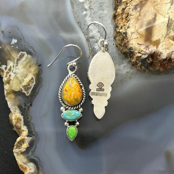 Sterling Silver Southwestern Style Multistone Dangle Earrings For Women #2 - Picture 7 of 10